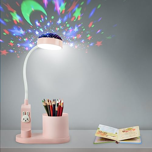 himmel skrivbord barn sänglampa med pennhållare, bord med automatisk färgförändring, dimbar uppladdningsbar LED-lä för barn (rosa)