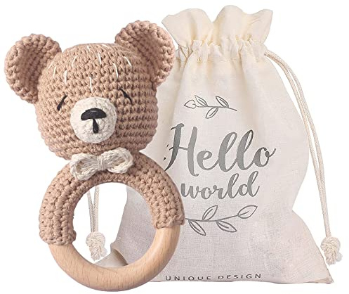 Wooden Baby Rattle Crochet Bear Baby Toys Handmade Newborn Toy Early Development Grips Stuffed Animal Organic Rattle (Bear)