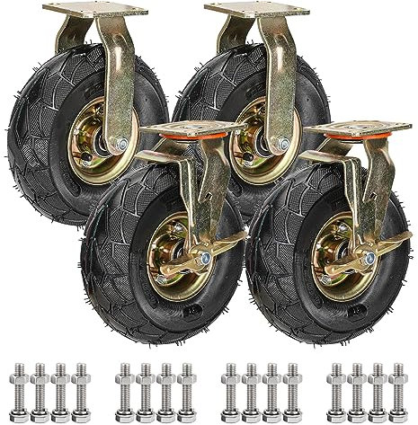 200mm 250mm Große Schwerlastrollen 4er SET, Industrie Transport Lenkrolle Mit Bremse, Leise Luftreifen Gummi Ersatz Rollen, Für Trolleys, Möbelroller, Werkbank Rollen, Tragkraft 600 Kg (Color : Fixed
