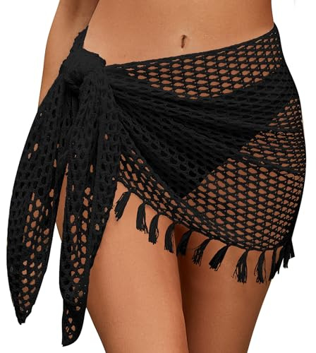 SEAUR Stickad kjol för kvinnor, strand, kort, transparent, strandkjol, dragsko, omlottkjol, minisarong, pareo, virkad, bikini, cover up, fisknät, linda S–XL, Pareo med fransar – svart, L