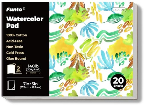 Funto Watercolor Paper Pads, 100% Cotton, 20 Sheets, 7 x 5, 140lb (300gsm), Glue Bound, Double-Sided, Acid-Free, Cold Pressed, Easy Tear Mini Watercolor Paper for Travel Drawing and Mixed Media