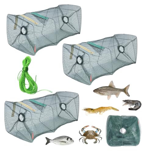MINZHI3Stk Krabben Fisch Trap,Automatische Nylon Fischernetz,Faltbare Fischfalle,Netz Fischreuse,Geeignet zum Angeln kleiner und mittelgroßer Fische wie Garnelen, Krabben, Hummer, Krabben oder Karpfen