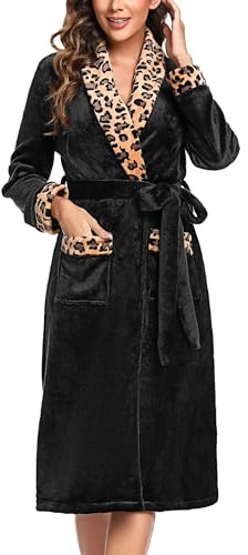 Marvmys Robe De Chambre Femme En Polaire Douce Peignoir De Bain Femme Peignoir En Tissu Éponge Absorbant Avec Poche Et Ceinture à Col En V Imprimé Léopard A-Noir M