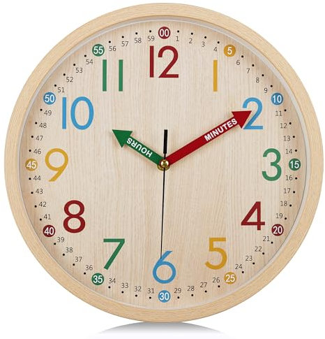 Lafocuse 30cm Orologio da Parete Bambini Imparare l'ora, Silenzioso Orologio Educativo Facile da Leggere, Creativo Moderno Design per Cameretta Bambini Soggiorno Scuola