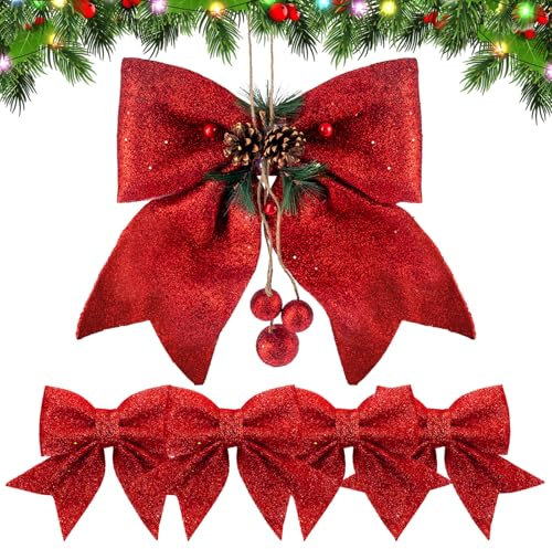 GWAWG Rote Schleifen für Weihnachtsbaum,5 Stück Rote Schleifen Weihnachten,Weihnachtsschleifen,Weihnachtsbaumschmuck Rot