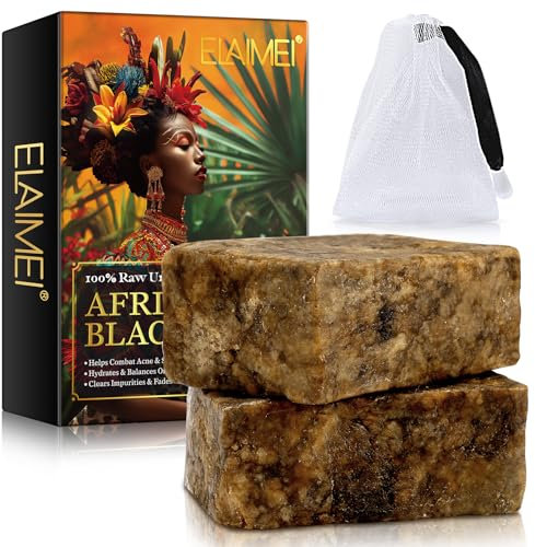 100g Raw African Black Soap Face Body Wash, with Shea Butter -Raw Unrifined, 100% Handmade - Hydrates & Balance Oily Skin, Clear Impurities, Fades Dark Spots - Vitamin E, Sodium - 2pc