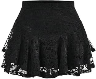GORGLITTER Damen Spitzen Rock Y2k Minirock Elegant Röcke Peplum Rock Festival Outfit Mini Rockabilly Spitzenrock Freizeitrock Schwarz M