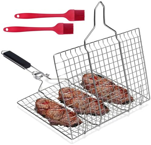 NEWJEK Cesta de Barbacoa, Bandeja de Barbacoa de Acero Inoxidable, 32 x 22 CM Portátil Plegable Canasta Parrilla con 2 Cepillos de Silicona, para Asar Pescado, Carne y Verduras