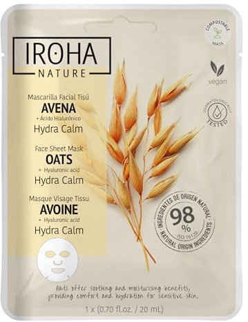 Iroha Nature - Maschera idratante lenitiva alla farina d'avena | Idratazione profonda | Riduce il rossore | Ingredienti naturali al 98% | Vegano e biodegradabile al 100%.