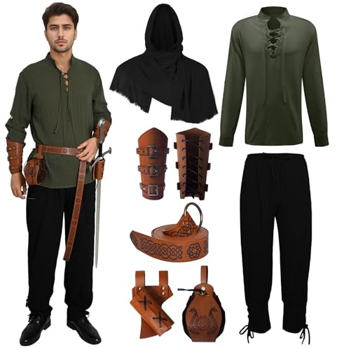 MVFEUIJ Costume médiévale de la Renaissance pour homme, costume de viking, chemise à lacets et pantalon avec accessoires, costume d'Halloween pour cosplay, mascarade, magicien (chemise verte, taille M