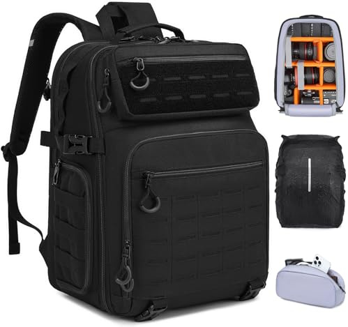 FRETHIND Sac à dos étanche pour appareil photo reflex numérique Canon Nikon Sony drone, objectif, ordinateur portable - Avec housse de pluie, Noir