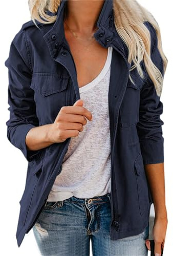 Veste militaire pour femme avec plusieurs poches, manteau de terrain utilitaire Anorak avec fermeture éclair et manches longues, manteau de safari utilitaire, bleu foncé, L
