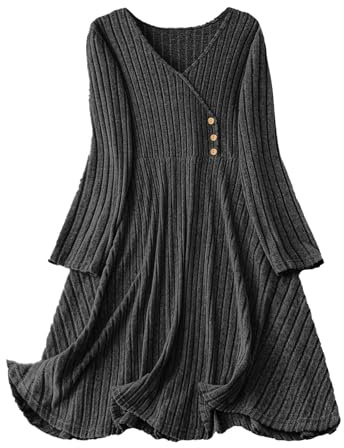 Jumper Dresses for Women Knitted Winter Dress Button V Neck Long Sleeve Sweater Dress Casual Elegant Loose Ladies Knee Length Tunic Dresses for Work Office Daily Wear Going Out Black