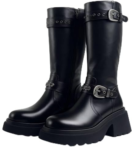 Greemarliy Edgy Black Leather Knee High Boots with Buckle Straps Women's Chunky Heel Knee High Leather Boots