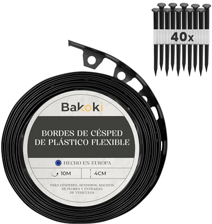 BAKOKI Bordure de pelouse Flexible (10 m | 40 piquets d'ancrage | 4 cm de Hauteur) - en Plastique Noir - Bordure de pelouse résistante aux intempéries - Bordure de Parterre de Fleurs - Bordure de