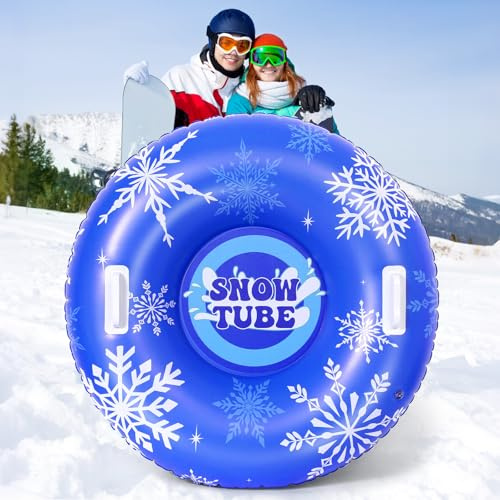 Snow Tube 48 Inflatable Snow Sled for Adult Thickened Heavy Duty Hard Bottom Sleds with Handles Outdoor Winter Toys for Adults Outdoor Sledding Sports Gift Supplies (Blue Snowflake)