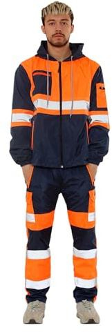 Hi-Vis Safety Two-Piece Set, Professional High Visibility Workwear with Hooded Jacket and Cargo Trousers, Navy Blue and Orange with Reflective Strips
