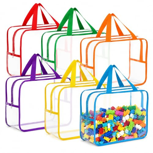 GOOGO 6 Pack Clear Toy Storage Bags, PVC Organising Bags Waterproof Reusable with Zipper & Handle, for Puzzles, Building Blocks, Board Games, Craft Supplies, Beach and Travel