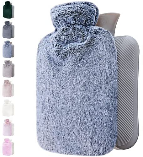 Bouillotte avec Housse en Peluche - Housse en Peluche Moelleuse et Douce - Grande Capacité 1,8 L - Bouillotte Eau Chaude pour Soulagement de la Douleur, Dos, Cou et Épaules & Nuits Chaudes Cosy - Bleu