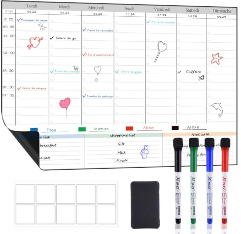 POPRUN Calendrier Magnetique Frigo 43 x 28 cm, Planning Semaine effaçable, Tableau Blanc Magnétique et Organisateur Hebdomadaire pour Tâches, Menus et Planification des Projets - en Français