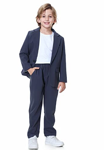 LOLANTA Conjunto de Traje de 2 Piezas para niños, Chaqueta y pantalón, Ropa Informal o Traje para Bodas, pajes, Gris Azul, 9-10 años, 150