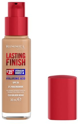 Rimmel London Lasting Finish jusqu'à 35h, 201 Golden Beige, fond de teint, longue tenue, hydratant, formule vegan, couvrance totale, 30 ml