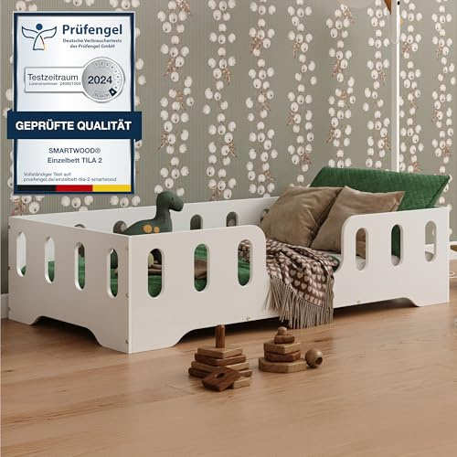 smartwood Bodenbett 100x200 Weiß - Montessori Kinderbett aus Holz mit FSC-Zertifikat TILA 2 mit Rausfallschutz & Lattenrost bis 230kg belastbar - Einfache Montage