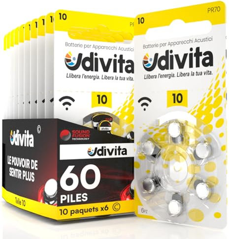 60 Batterie Per Apparecchi Acustici Udivita Misura 10 Tecnologia Phono Pulse - 10 Blister da 6 Pile