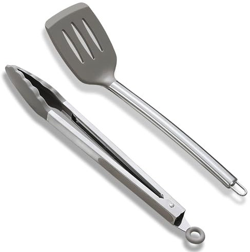 ReaNea Spatula and Cooking Tong Set, Silicone Slotted Turner, Kitchen Tong, Heat Resistant Handle Non Slip, with Silicon Tips, Dishwasher Safe