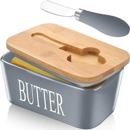 Ceramic Butter Dish with Lid and Knife Porcelain Butter Container with Butter Cutter Butter Knife Easy Spread Kitchen Accessories Tableware (Grey)