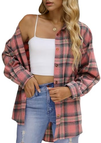 KevaMolly Camicie in flanella a maniche lunghe a quadri da donna vestibilità ampia camicia con bottoni casual in flanella top, Z Rosa Grigio, XX-Large