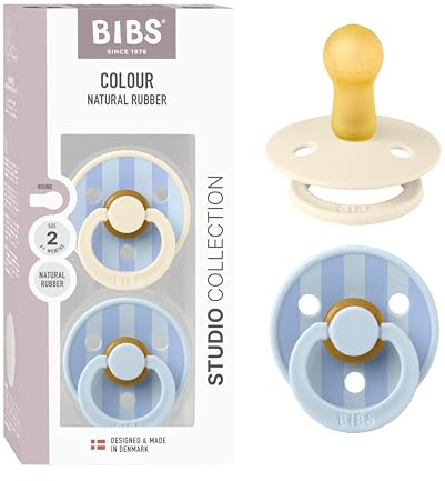 BIBS Pacifiers - Colour Studio 2 Pack | Round Nipple Baby Pacifier | BPA Free Natural Rubber Latex Soother | Made in Denmark | Size 6+ Months | Block Baby Blue Dusty Blue