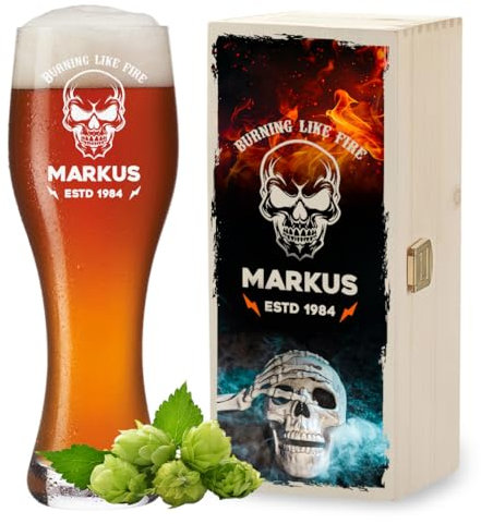 polar-effekt Bicchiere da birra bianco da 0,5 litri e scatola di legno in set da 2 pezzi con incisione, personalizzato con nome, regalo per la festa del papà, ideale per birra e grano, senza BPA