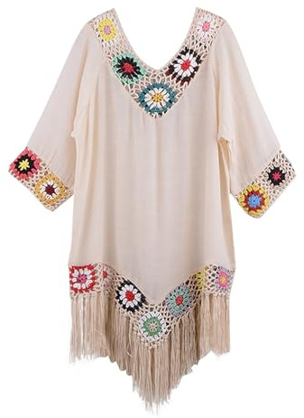 Kimono Jacket UK Hollow Swimwear Womens Beach Cover Ups Boho Cardigan 3/4 Sleeve Flower Smock Bohemia Summer Skirt Thin Plus Size Beach Dresses Vintage Hawaiian Tassel Cover Up Thin Beachwear
