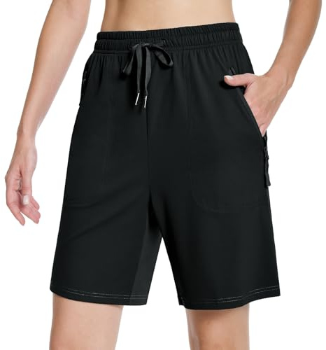 Rolcoassuns Vandringsshorts för kvinnor snabbtorkande lätt atletisk stretch promenader damer vardagliga shorts med blixtlåsfickor utomhus golf aktiv, Svart, M