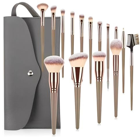 LuLiyLdJ Pinceaux Maquillages, Lot de 15 Set Pinceaux Maquillage Professionnel avec Trousse en Cuir PU, Kit Pinceau Maquillage Champagne Makeup Brushes pour Fond de Teint Mélange de Poudre