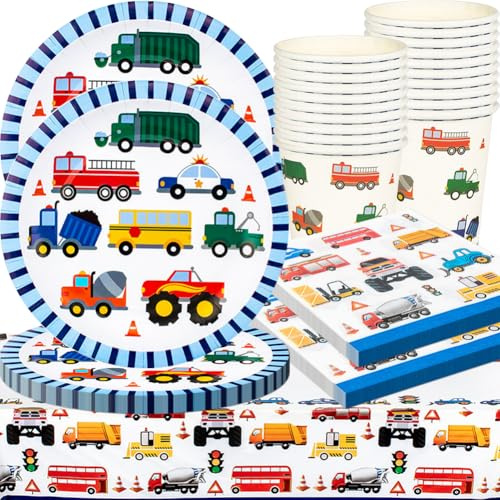 61 pezzi Set Stoviglie Cantiere per 20 ospiti, Decorazione Trasporto Compleanno, Set Stoviglie Con Piatti, Tovaglia e Forniture per Feste di Veicoli per Decorazione Compleanno Cantiere