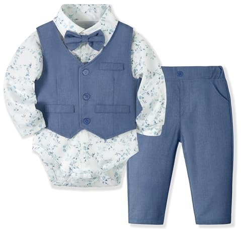 Volunboy Baby kostym pojkar kostymväst skjorta med fluga för festliga bröllopskläder set 4 delar, Blått tryck, 12-18 månader
