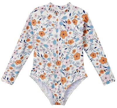 Girls Long Sleeve Swimsuit Rash Guard Zip 01 Orange Flower 10-11 Years