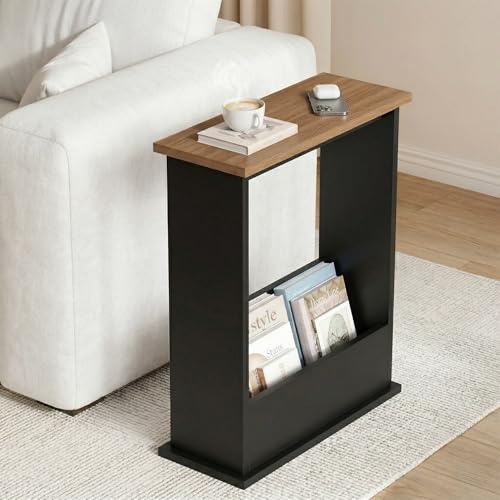 Blisswood Side Table, Slim Side Table with Magazine Rack, Modern Style Small Sofa End Tables for Living Room and Office, Narrow Bedside Tables for Bedroom, Study (Walnut & Black)