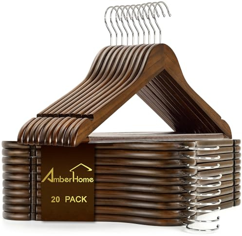 Amber Home 20 Unidades 44,5cm Perchas de Madera Retro, Antiguo Marrón Percha para Camisetas Camisas Trajes Abrigos Vestidos Tirantes Bodas, con Varilla y Ranuras
