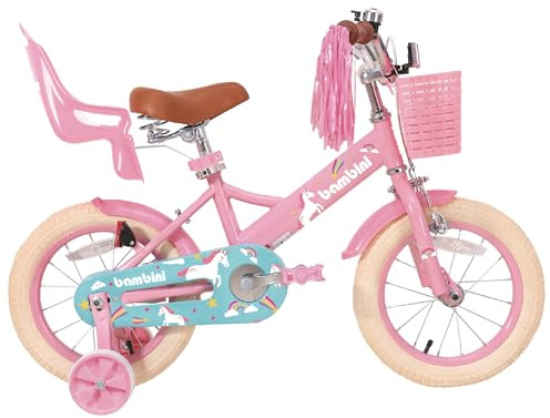 Bambini Vélo Enfant 3 Ans, Vélo Fille 14 Pouces, Design Licorne, Vélo Gilrs avec Roues stabilisatrices, Panier, Siège Poupée, Velo Enfant 3-6 Ans, (Rose)