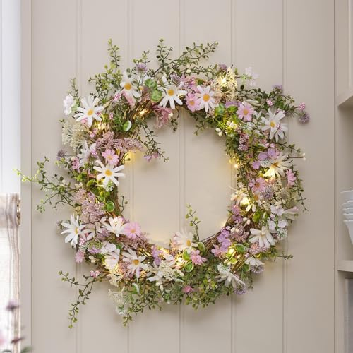 Lights4fun Corona de primavera iluminada de color pastel con margaritas artificiales, LED de color blanco cálido, con temporizador de 6 horas, funciona con pilas, decoración de primavera para mesa y