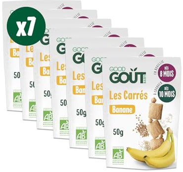 GOOD GOÛT - Les Carrés Banane - Biscuits Pour Bébé - Dès 8 Mois - Sans Gluten - Sans Sucres Ajoutés* - Sachets Refermables - 7x50g
