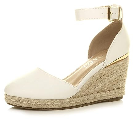 AJVANI Dam damer medelhög kilklack plattform spänne upp ankelrem espadrille sandaler storlek, Vitt, 41 EU
