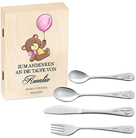 Maverton Cubertería Infantil Personalizada de 4 Piezas - Cubiertos Acero Inoxidable con Grabado - Regalos Personalizados para Bebe Niña - Vajilla Bebe para Comunion Bautizo - Oso