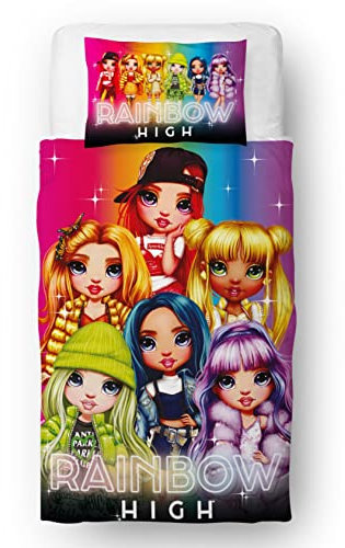 Rainbow High Offizielles Lizenzprodukt für Einzelbett, wendbar, 2-seitig, leuchtendes Regenbogen-Design mit passendem Kissenbezug, weiches und strapazierfähiges Polyester-Baumwollmischgewebe