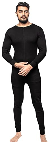 GA COMMUNICATIONS MENS THERMAL ONESIE ALL IN ONE UNDERWEAR SET BASELAYER ZIP BODY SUIT SKI S XXL[Black, XXL]