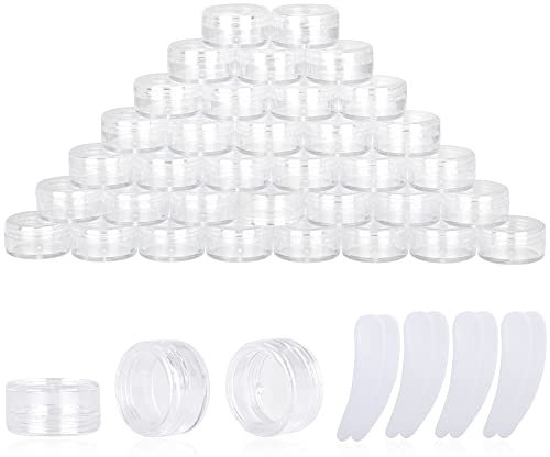 Lot de 100 pots vides de 3 g avec couvercles, petits pots à échantillons avec 8 mini spatules pour maquillage, huiles, lotion, poudre, peinture, bijoux, baumes à lèvres (couvercle transparent)