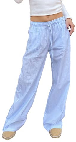 WangsCanis Damen Y2k Gestreifte Lounge Hose Mit Weitem Bein, Hoher Taille Und Tasche - Nadelstreifen Ausgehhose (Cc Blau, 42, L)